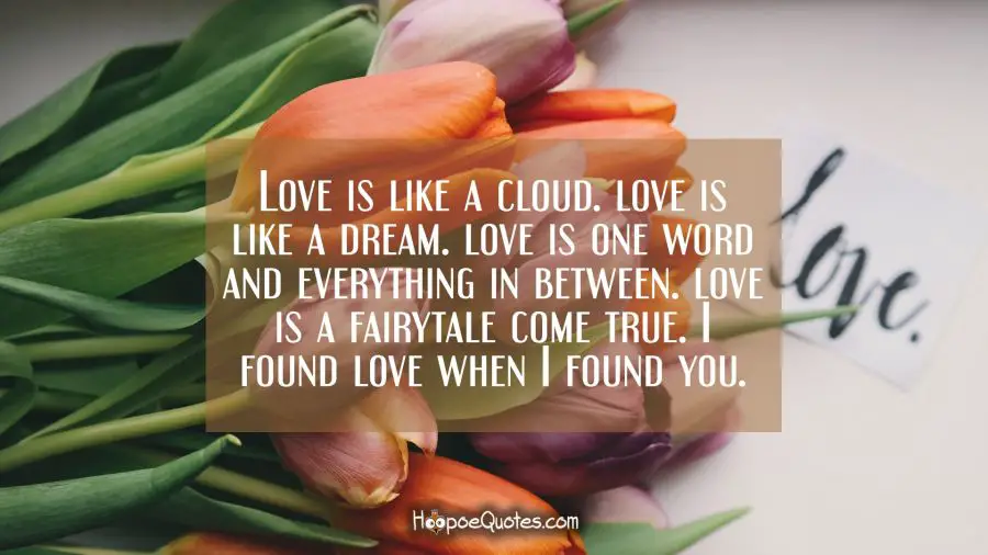 Love is like a cloud. Love is like a dream. Love is one word and everything in between. Love is a fairytale come true. I found love when I found you. Valentine's Day Quotes