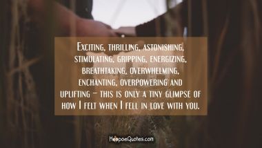 Exciting, thrilling, astonishing, stimulating, gripping, energizing, breathtaking, overwhelming, enchanting, overpowering and uplifting – this is only a tiny glimpse of how I felt when I fell in love with you. I Love You Quotes