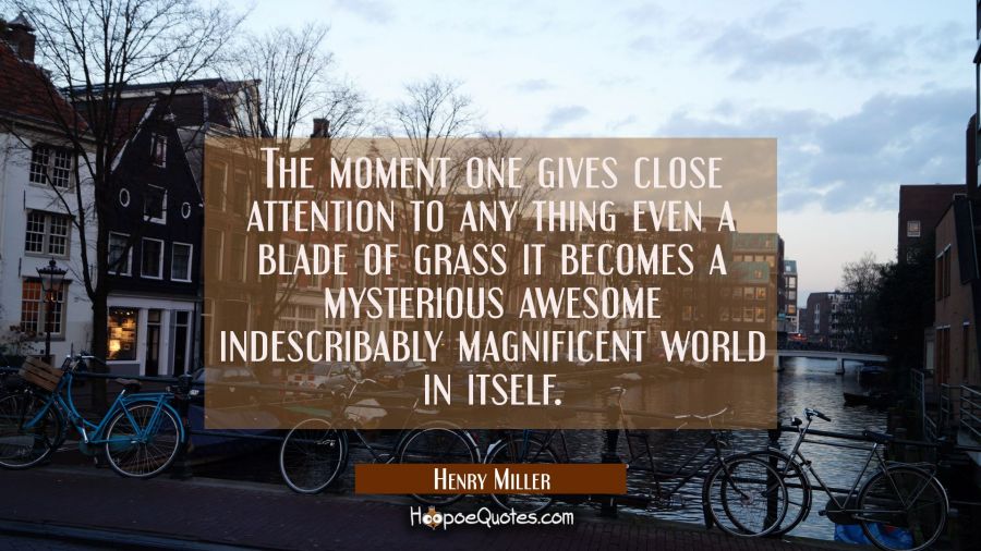 The moment one gives close attention to any thing even a blade of grass it becomes a mysterious awe Henry Miller Quotes