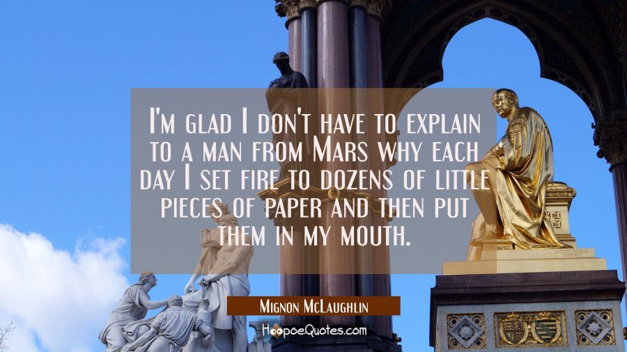I'm glad I don't have to explain to a man from Mars why each day I set fire to dozens of little pie Mignon McLaughlin Quotes