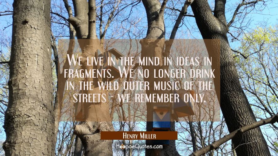 We live in the mind in ideas in fragments. We no longer drink in the wild outer music of the street Henry Miller Quotes