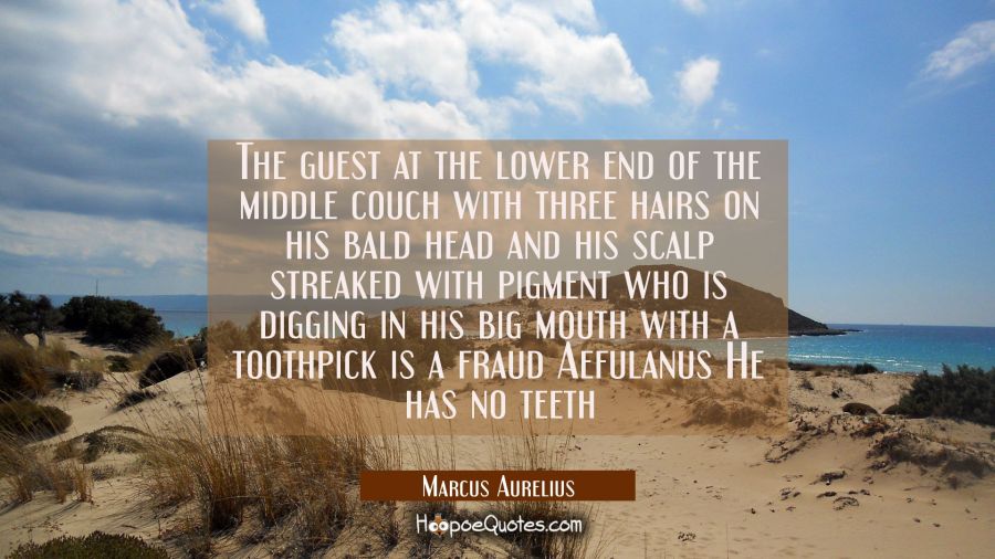 The guest at the lower end of the middle couch with three hairs on his bald head and his scalp stre Marcus Aurelius Quotes