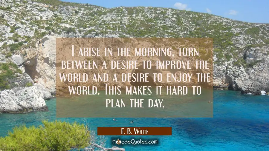 I arise in the morning torn between a desire to improve the world and a desire to enjoy the world. E. B. White Quotes