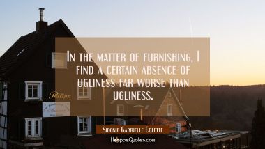 In the matter of furnishing I find a certain absence of ugliness far worse than ugliness. Sidonie Gabrielle Colette Quotes