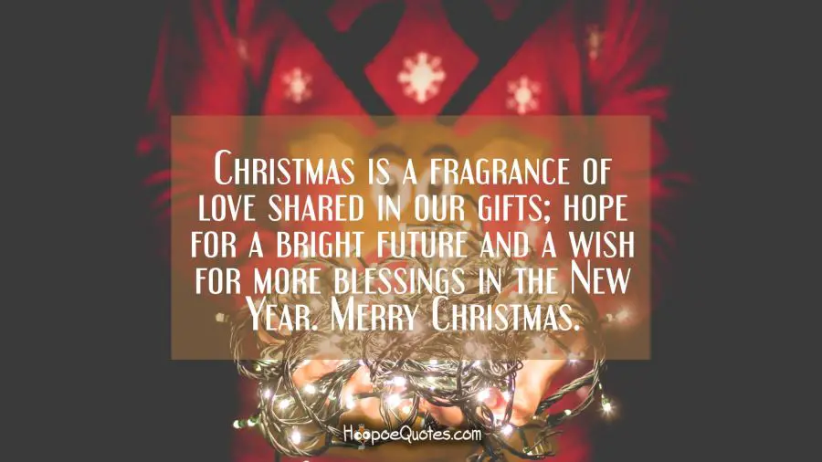 Christmas is a fragrance of love shared in our gifts; hope for a bright future and a wish for more blessings in the New Year. Merry Christmas. Christmas Quotes