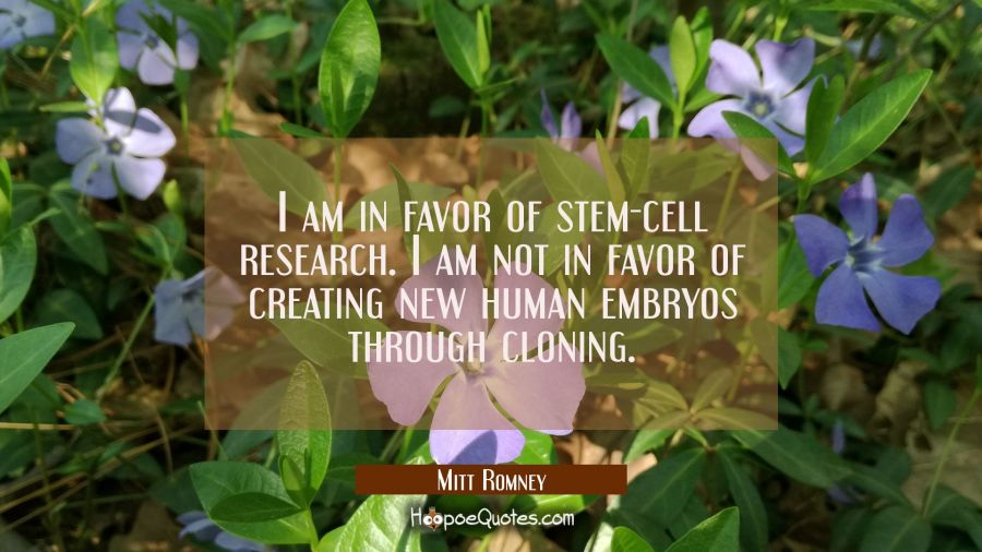 I am in favor of stem-cell research. I am not in favor of creating new human embryos through clonin Mitt Romney Quotes