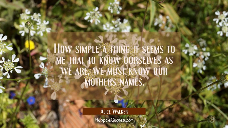 How simple a thing it seems to me that to know ourselves as we are we must know our mothers names. Alice Walker Quotes