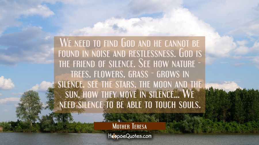We need to find God and he cannot be found in noise and restlessness. God is the friend of silence. Mother Teresa Quotes