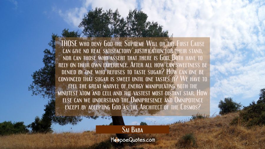 THOSE who deny God the Supreme Will or the First Cause can give no real satisfactory justification  Sai Baba Quotes