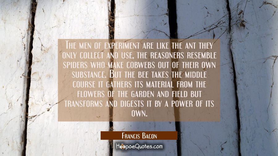 The men of experiment are like the ant they only collect and use, the reasoners resemble spiders wh Francis Bacon Quotes