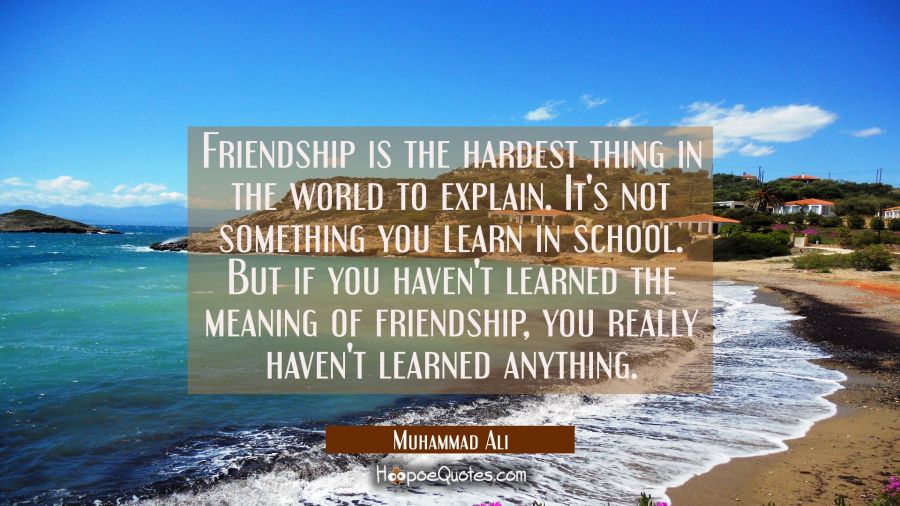 Friendship is the hardest thing in the world to explain. It&#039;s not something you learn in school. But if you haven&#039;t learned the meaning of friendship, you really haven&#039;t learned anything. Muhammad Ali Quotes